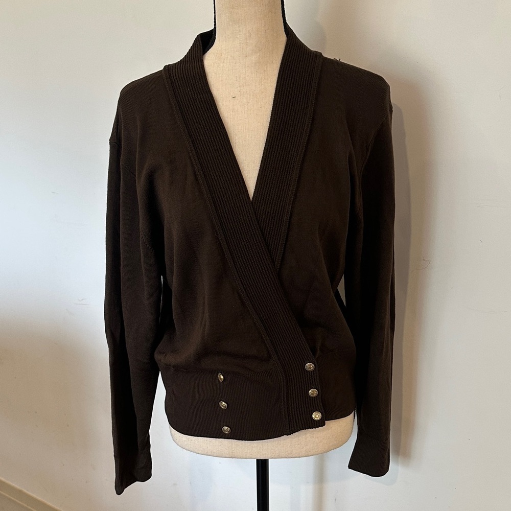 Vintage St Michael’s 100% Wool Chocolate Brown Women's Sweater Cardigan 14 Gold